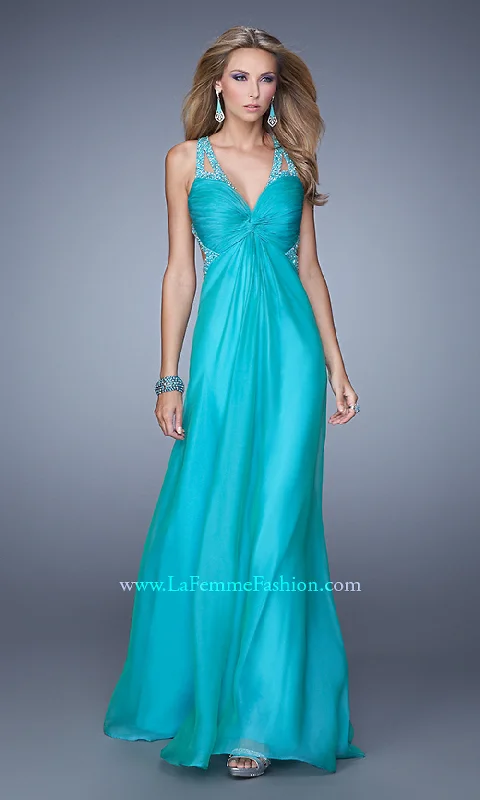 Evening Dress with Beads and Crystal Bodice-La Femme Strappy-Back Knot-Front Long Prom Dress