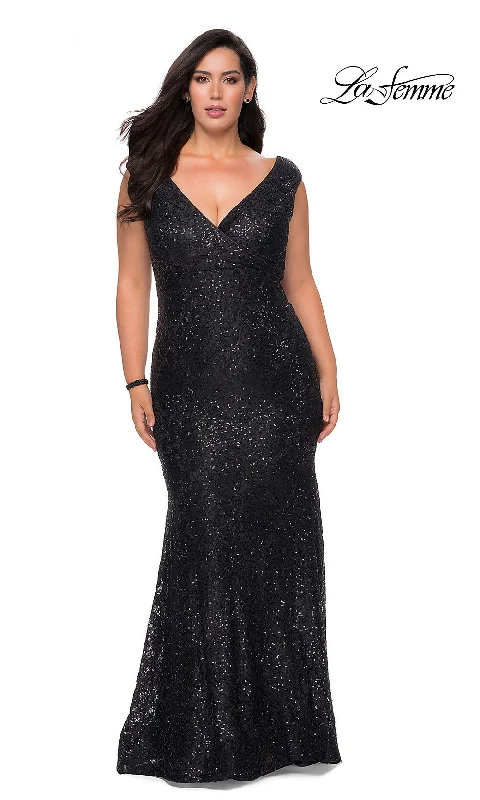 Evening Dress with Sequin and Tulle Detail-La Femme Long Plus-Size Sequin-Lace Prom Dress