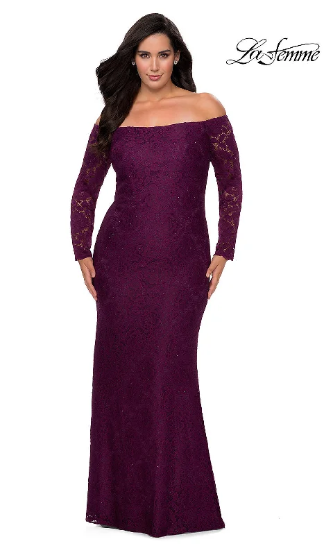 Evening Dress with Beaded Crystal Bodice-La Femme Long Lace Plus-Size Formal Prom Dress