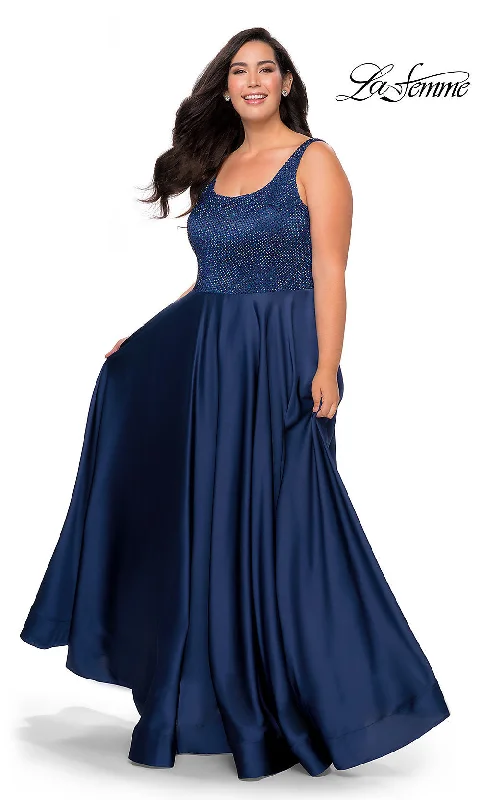 Evening Dress with Satin Skirt and Crystal Accents-Long La Femme Plus-Size Prom Dress with Pockets