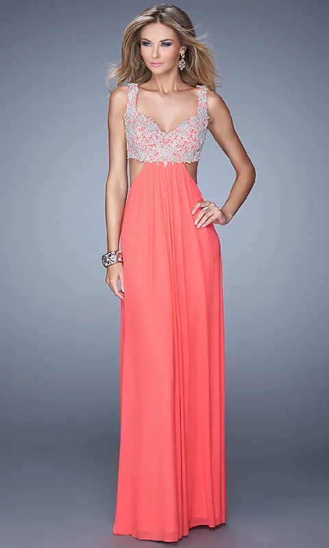 Evening Dress with Crystal and Satin Train-Lace-Bodice Open-Back Long La Femme Prom Dress