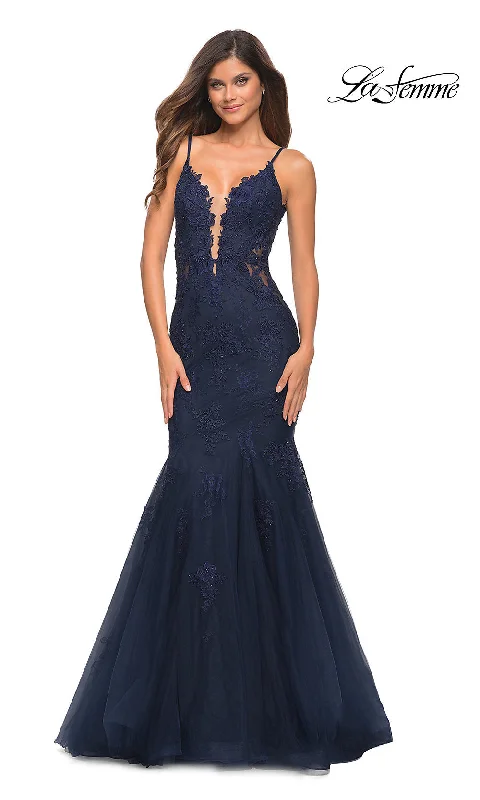 Evening Dress with Silk and Crystal Accents-La Femme Lace Bodice Long Mermaid Prom Dress