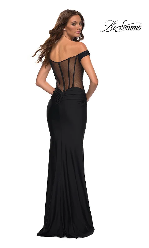 Evening Dress with Velvet Fabric-Sheer Corset-Back La Femme Long Prom Dress