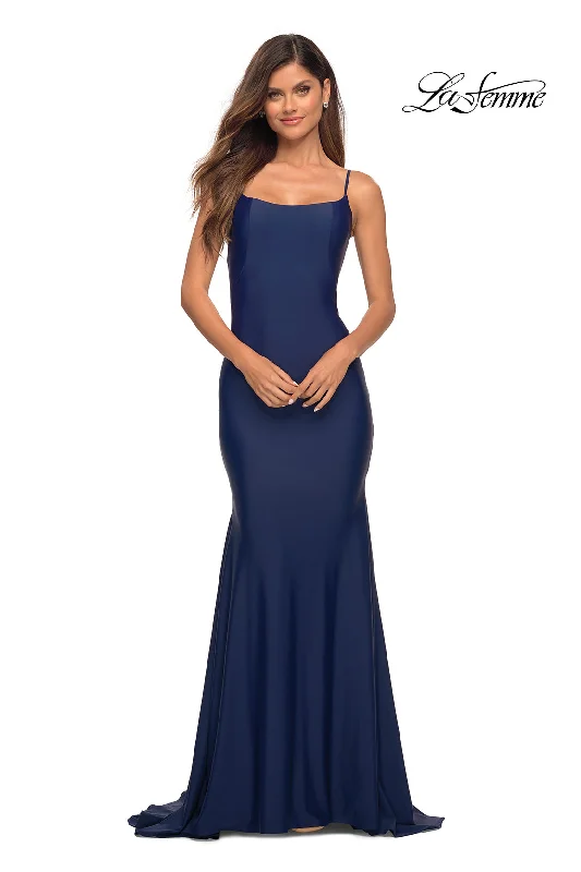 Evening Dress with Satin and Beaded Bodice-Low V-Back La Femme Long Prom Dress with Train