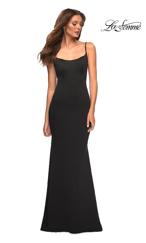 Evening Dress with Draped Satin and Mesh-La Femme Long Simple Prom Dress with Scoop Back