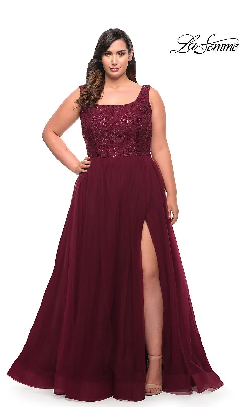 Evening Dress with Satin and Beads Bodice-La Femme Long Lace-Bodice Plus-Size Prom Dress