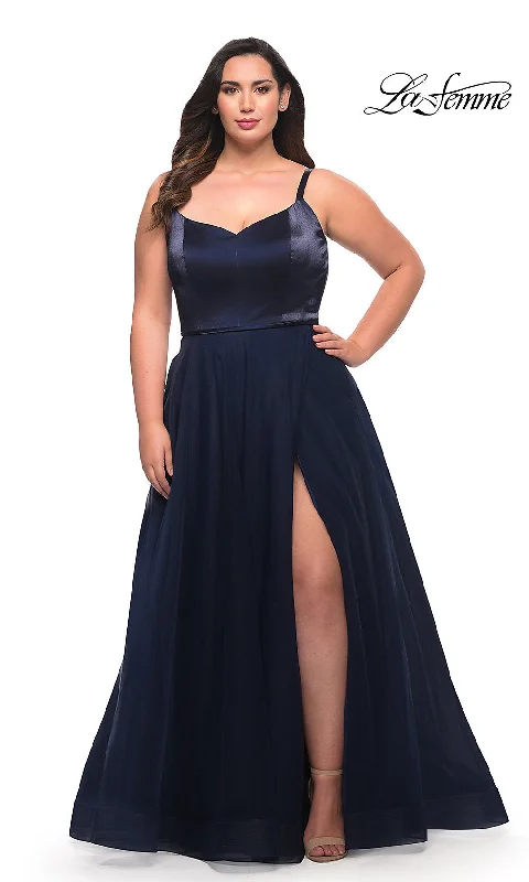 Evening Dress with Satin Bodice and Lace-La Femme Long A-Line Plus-Size Prom Dress