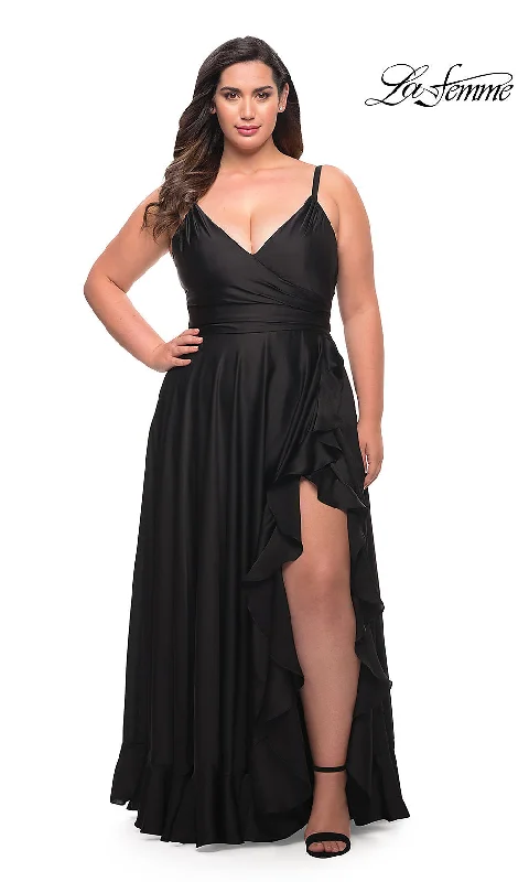 Evening Dress with Crystal Details and Satin-La Femme Long Plus-Size Prom Dress with Ruffle