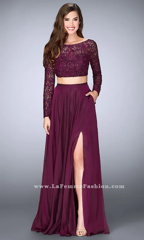 Evening Dress with Crystal Bodice and Silk Skirt-Two Piece Long Chiffon Prom Dress with Long Sleeves