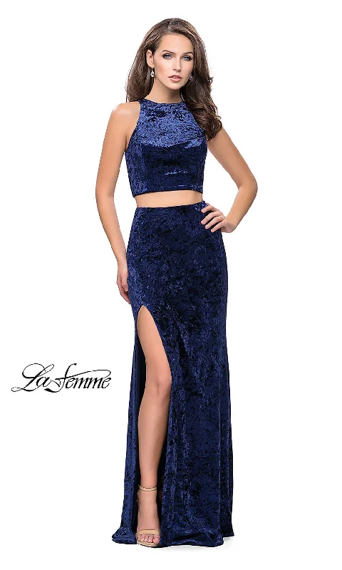 Evening Dress with Crystal Beads and Satin-Long Two-Piece Velvet La Femme Prom Dress