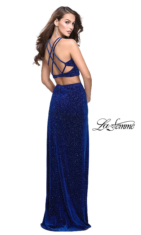 Elegant Evening Dress with Lace-Open-Back Two-Piece Beaded Velvet Prom Dress