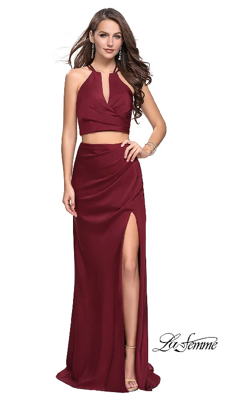 Evening Dress with Silk Bodice and Tulle Skirt-La Femme Long Two-Piece Prom Dress with Train