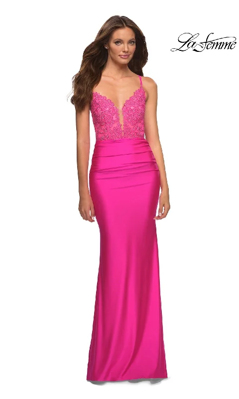 Evening Dress with Feather Skirt and Satin Bodice-La Femme 30606 Formal Prom Dress