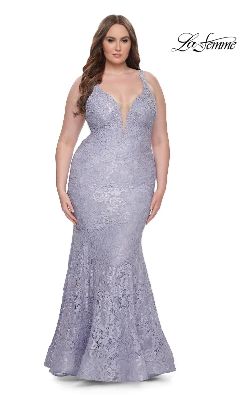 Evening Dress with Satin and Feather Bodice-La Femme 31118 Plus-Size Formal Prom Dress