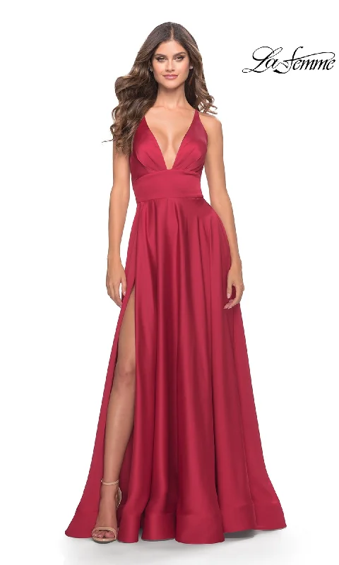 Evening Dress with Satin Bodice and Feather Skirt-La Femme 31533 Formal Prom Dress