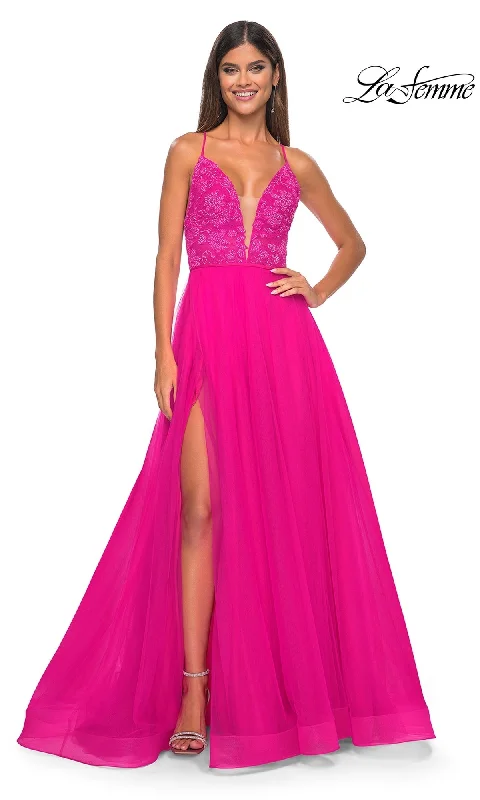 Evening Dress with Satin and Beaded Bodice-La Femme 32059 Formal Prom Dress