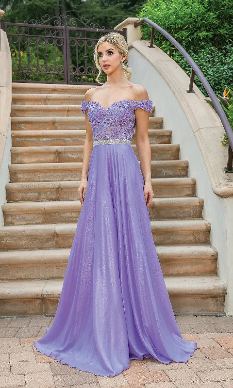 Evening Dress with Silk Bodice and Crystal-Off-the-Shoulder Long Metallic A-Line Prom Dress