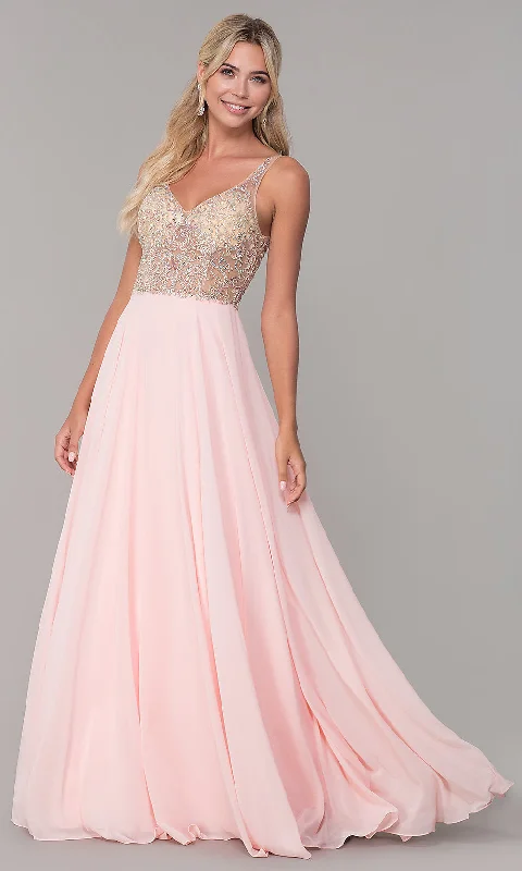 Evening Dress with Crystal Skirt and Satin Bodice-Long Open-Back Prom Dress with Beaded Bodice