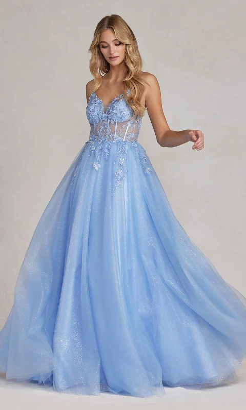 Evening Dress with Satin Bodice and Crystal-Sheer-Bodice A-Line Light Blue Long Prom Dress