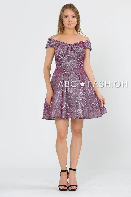 High-End Long Party Dress-Metallic Glitter Short Off the Shoulder Dress by Poly USA 8356