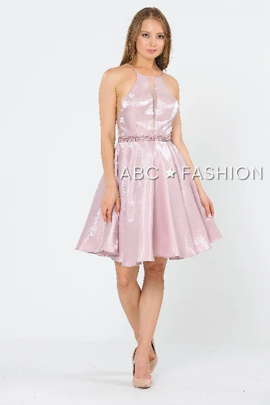 Romantic Satin Long Party Dress-Metallic Knit Short A-Line Knee Length Dress by Poly USA 8236