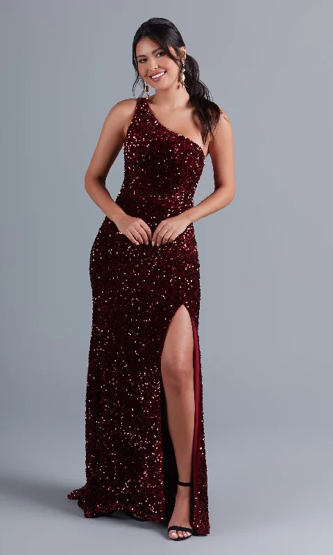 Evening Dress with Satin Skirt and Crystal Bodice-One-Shoulder Long Velvet Prom Dress with Sequins