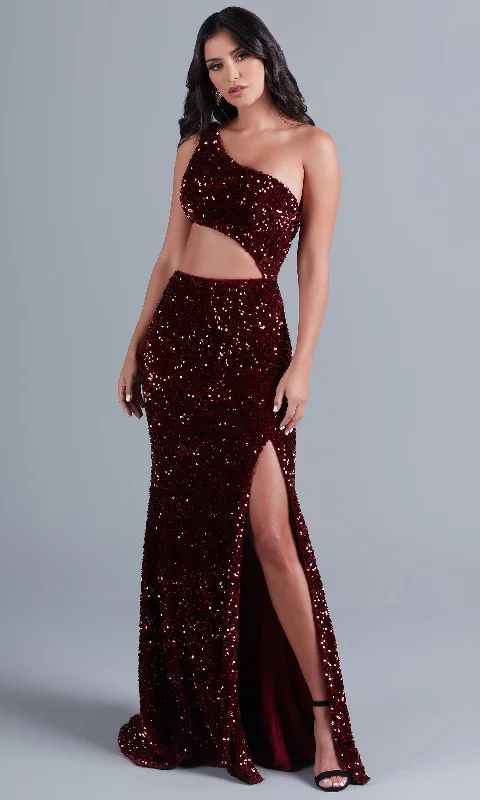 Evening Dress with Silk and Lace Bodice-Dark Red Sequin Prom Dress with Side Cut-Out