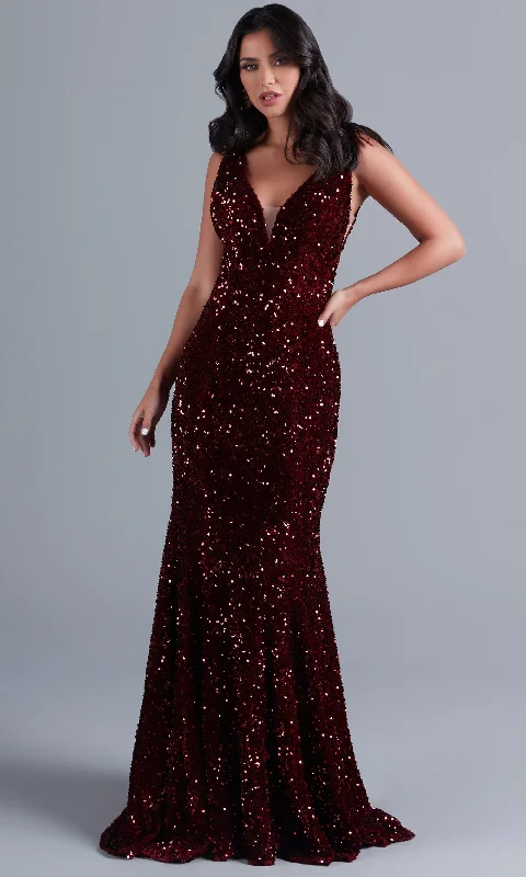 Evening Dress with Silk and Satin Bodice-Deep V-Neck Dark Red Long Velvet-Sequin Prom Dress