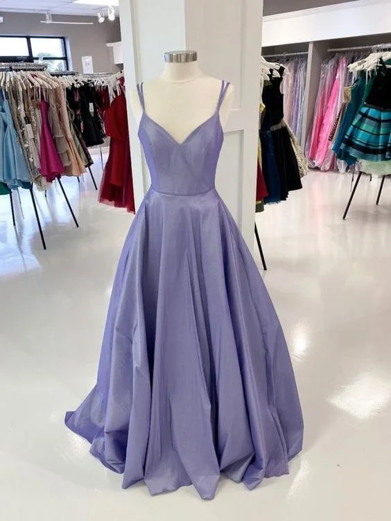 Classic Silk Long Party Dress-Purple v neck satin long prom dress, purple evening dress C84