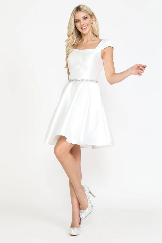 Trendy White Satin Long Party Dress-Short Cap Sleeve Mikado Dress by Poly USA 8416 - Outlet