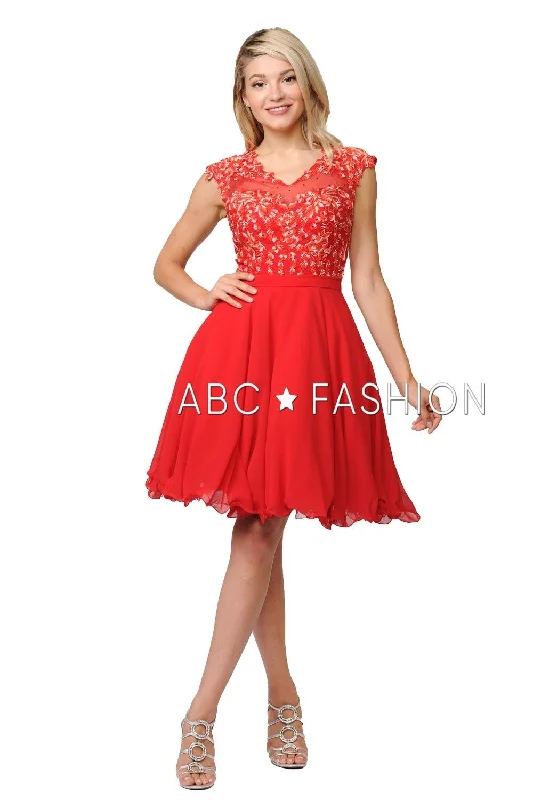 Short Chiffon Dress with Floral Lace Appliques by Poly USA 8094