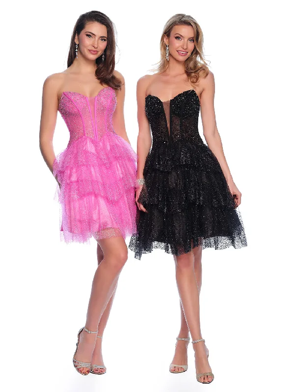 Long Black Satin Party Dress-Short Cocktail Dress by Dave and Johnny 11878