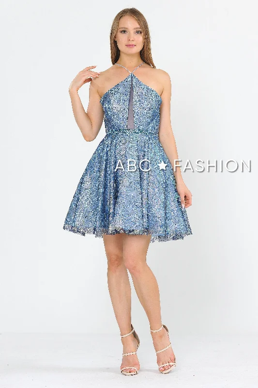 Short Floral Glitter Dress with Illusion Cutout by Poly USA 8506