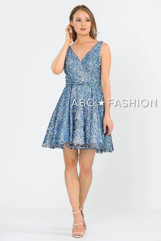 Silk Long Party Dress-Short Glitter Print V-Neck Dress with Pockets by Poly USA 8504