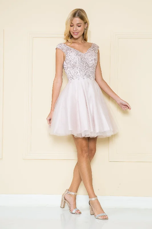 Lace Long Party Dress-Short Lace Applique A-line Dress by Poly USA 8902