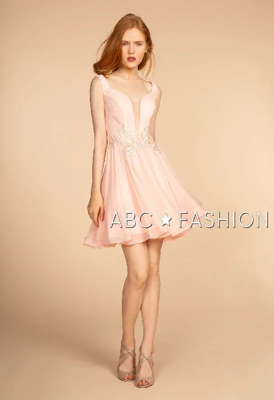 Deep V Satin Long Party Dress-Short Pink V-Neck Dress with Embellished Waist by Elizabeth K GS1617