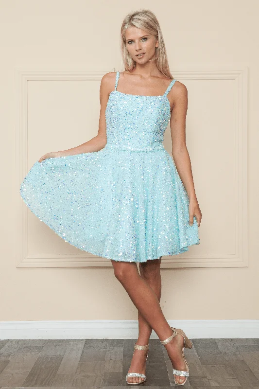 Blue Satin Long Party Dress-Short Sequin Velvet A-line Dress by Poly USA 8930