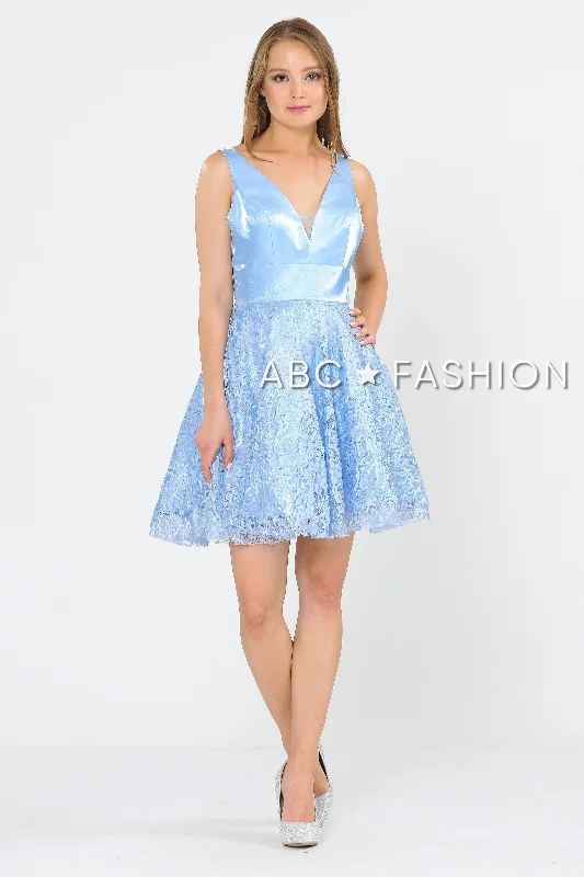 Backless Satin Blue Long Party Dress-Short V-Neck Dress with A-line Lace Skirt by Poly USA 8418