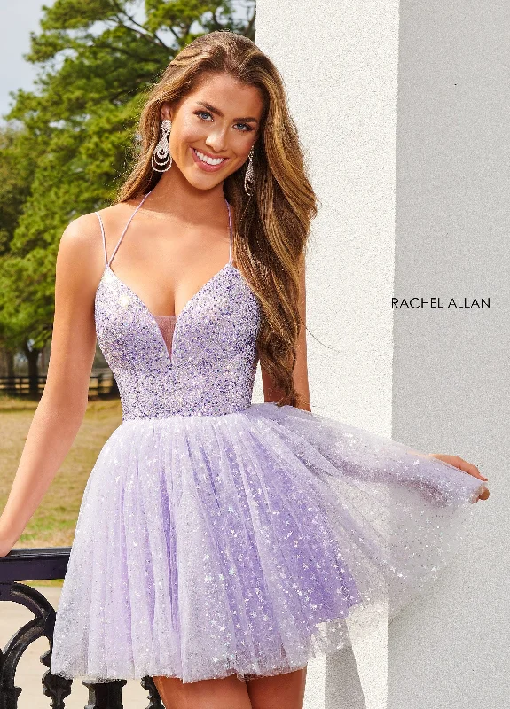 Full-Skirt Sequin Satin Party Dress-Star Beaded Short Halter Dress by Rachel Allan 40179