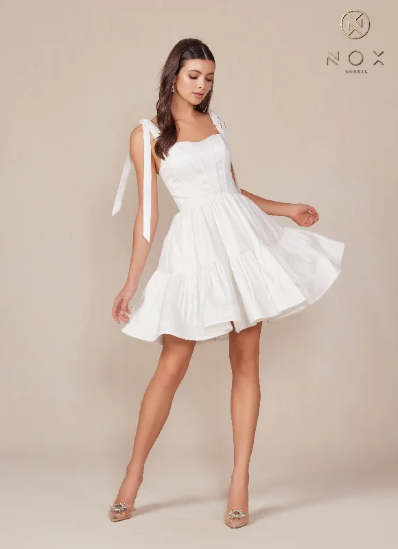 Soft Red Satin Long Party Dress-White Short Sleeveless Ribbon Dress by Nox Anabel T869W