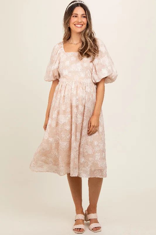 Mini Dresses with puff sleeves-Beige Floral Embroidered Short Puff Sleeve Maternity Dress