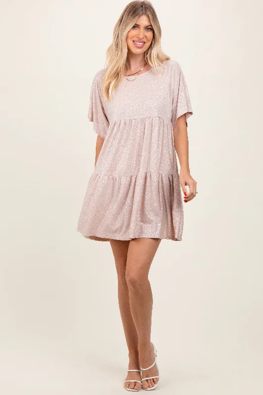 Mini Dresses with puffed sleeves-Beige Glitter Flutter Sleeve Tiered Dress