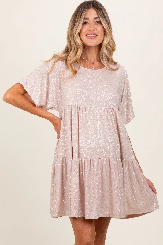 Mini Dresses for laid-back chic style-Beige Glitter Flutter Sleeve Tiered Maternity Dress