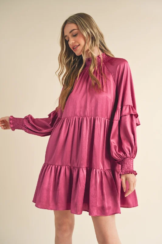 Mini Dresses with draped design-Berry Rose Mock Neck Tiered Mini Dress