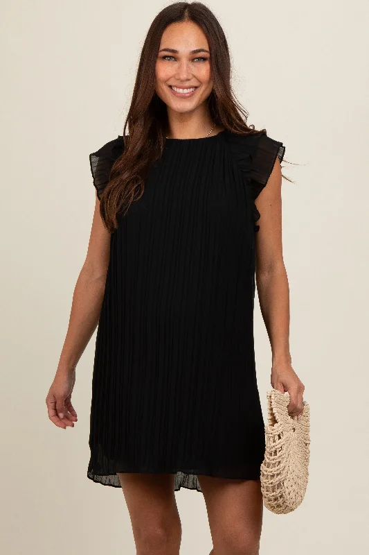 Mini Dresses with stripes-Black Flutter Sleeve Pleated Chiffon Maternity Mini Dress