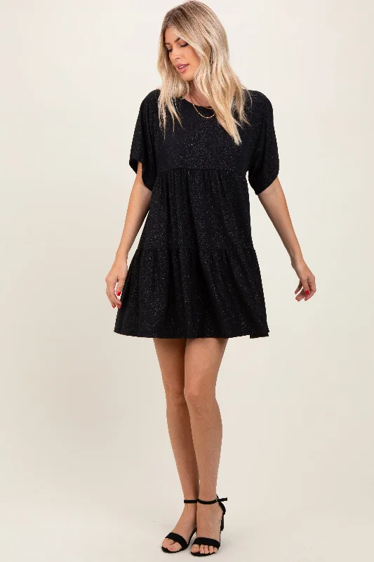 Mini Dresses for dinner parties-Black Glitter Flutter Sleeve Tiered Dress