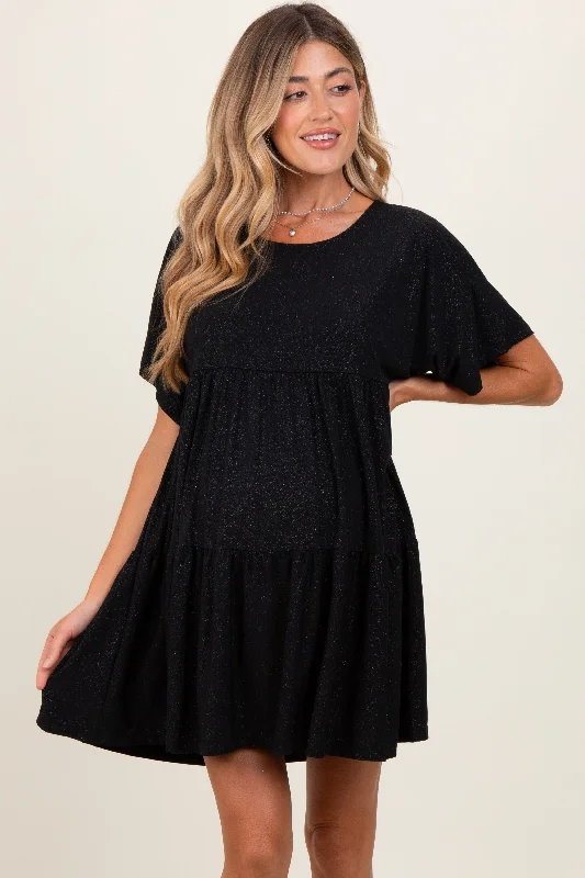 Mini Dresses for modern look-Black Glitter Flutter Sleeve Tiered Maternity Dress