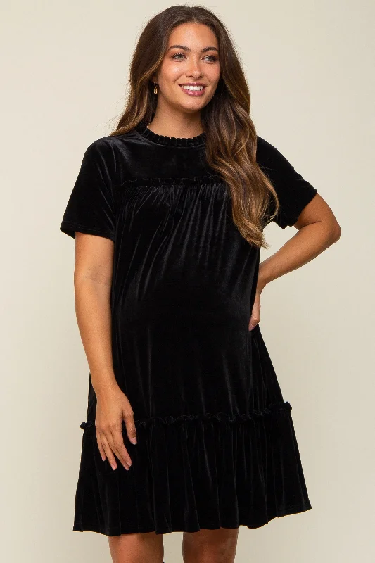 Mini Dresses for fun weekend-Black Ruffle Accent Velvet Maternity Dress