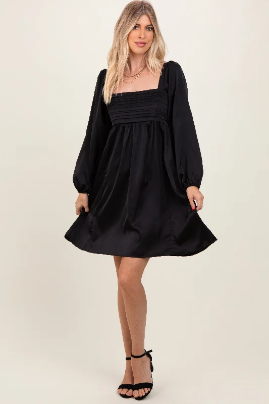 Mini Dresses with sporty look-Black Satin Pleated Detail Bodice Dress