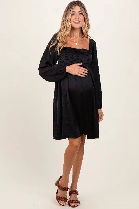 Mini Dresses for fun evening-Black Satin Pleated Detail Bodice Maternity Dress